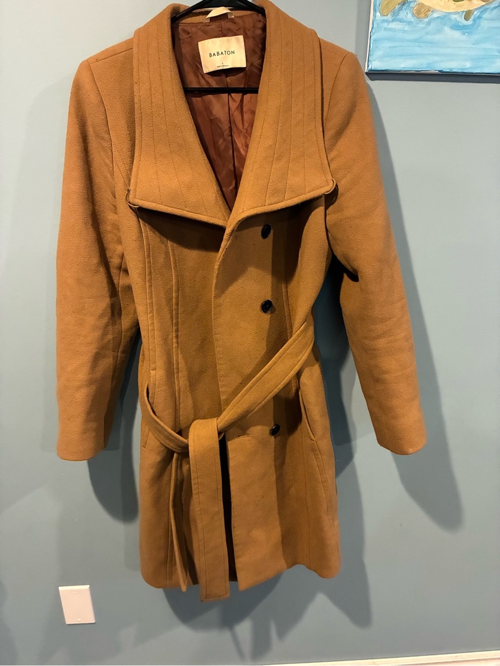 Babaton Camel Double-Breasted Wool Trench Coat with Belt
